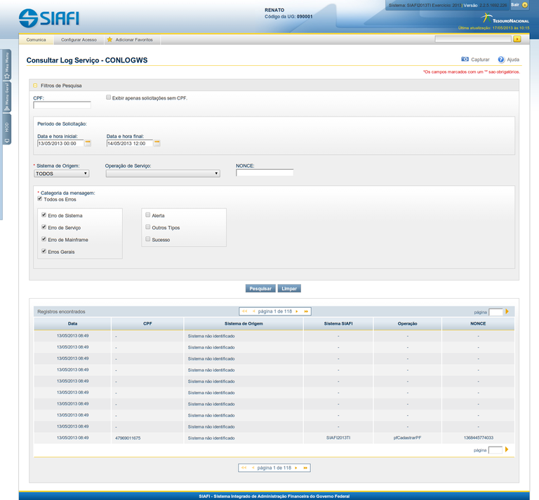 CONLOGWS - Consultar Log de Serviços