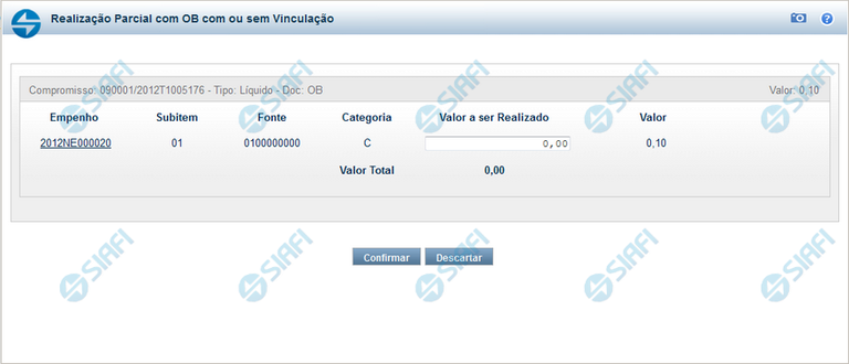 Realizar Parcial OB sem Vinculação