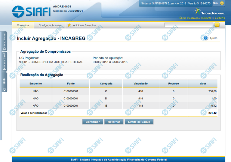 INCAGREG - Incluir Agregação - Dados Financeiros