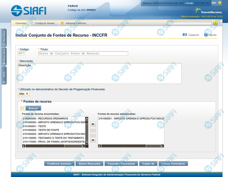 INCCFR - Incluir Conjunto de Fonte de Recursos