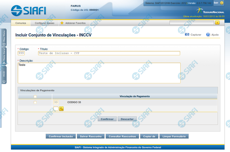 INCCVP - Incluir Conjunto de Vinculação de Pagamento