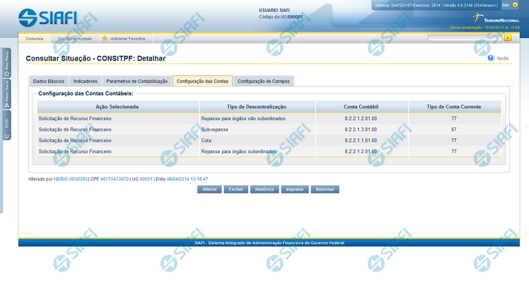 Detalhar Situação de PF - Aba Configuração de Contas