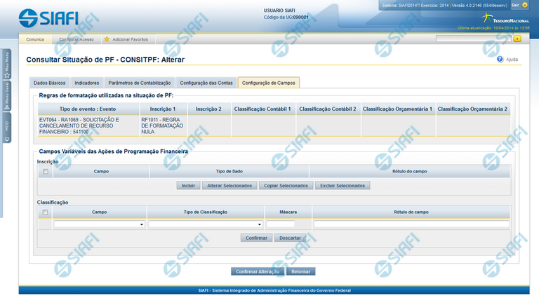 Alterar Situação de PF - Aba Configuração de Campos