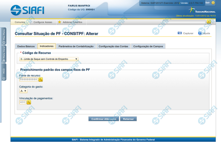 Alterar Situação de PF - Aba Indicadores