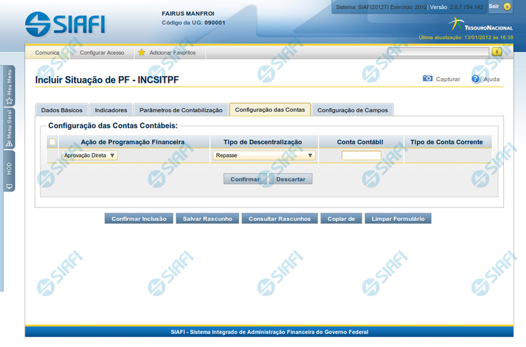 Incluir Situação de PF - Aba Configuração de Contas