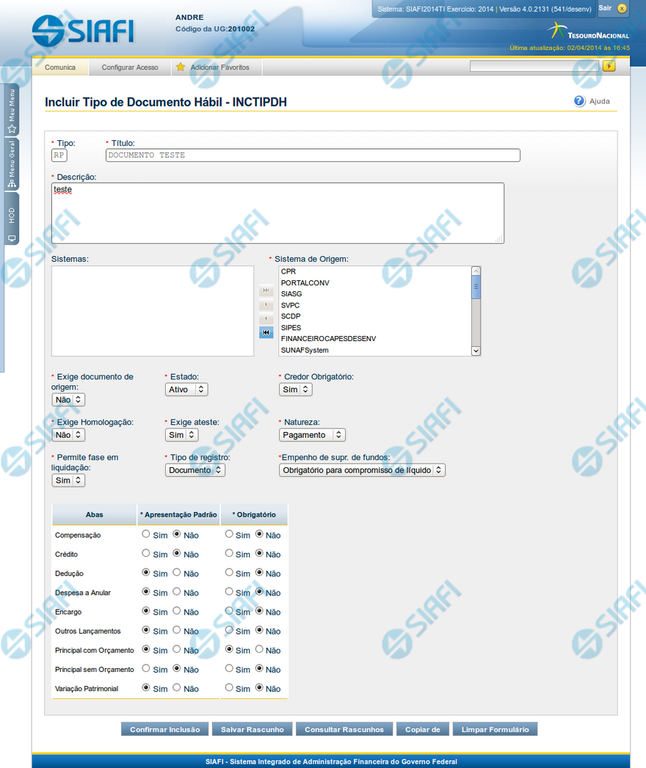 INCTIPDH - Incluir Tipo de Documento Hábil