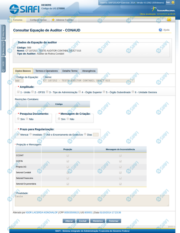 Detalhar Equação de Auditor - Aba Dados Básicos