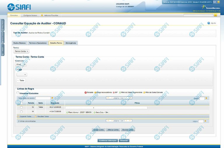 Manter Equação de Auditor - Aba Detalhe Termo