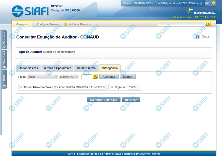 Manter Equação de Auditor - Aba Abrangência