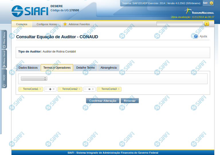 Manter Equação de Auditor - Aba Termos e Operadores