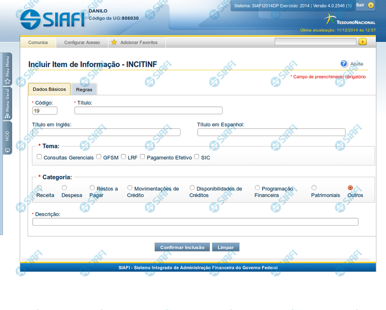 Incluir Item de Informação – Aba Dados Básicos – INCITINF