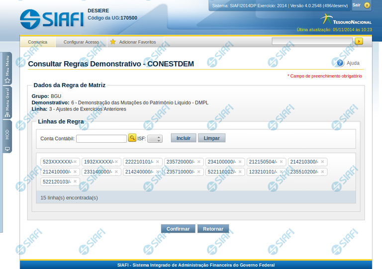 Manter Regra Conta de Linha ou Coluna (Matriz)
