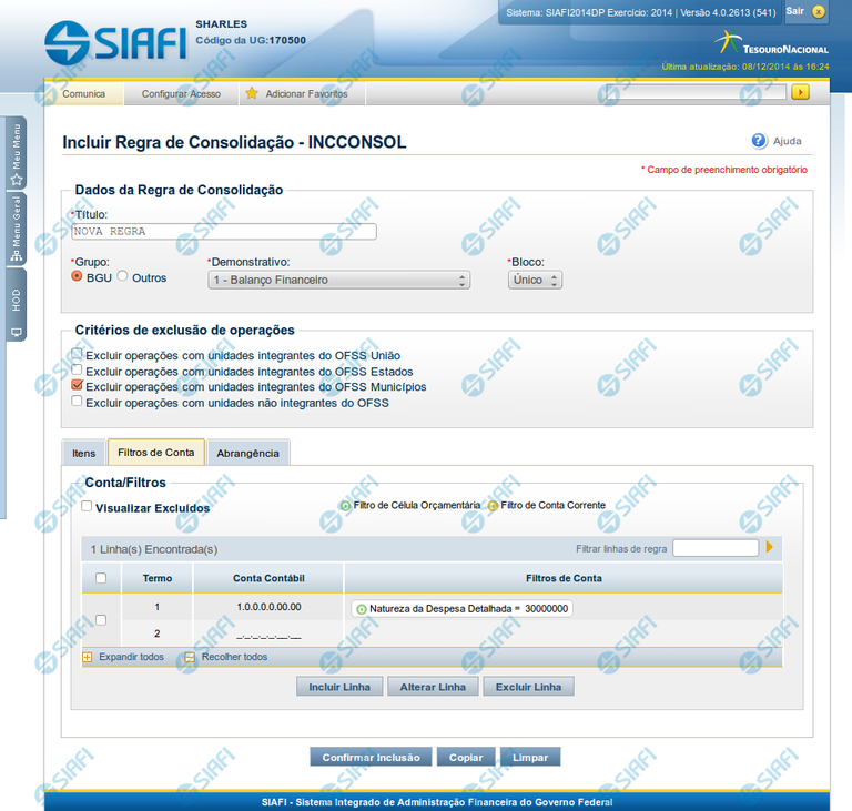 Incluir Regra de Consolidação - Aba: Filtros de Conta
