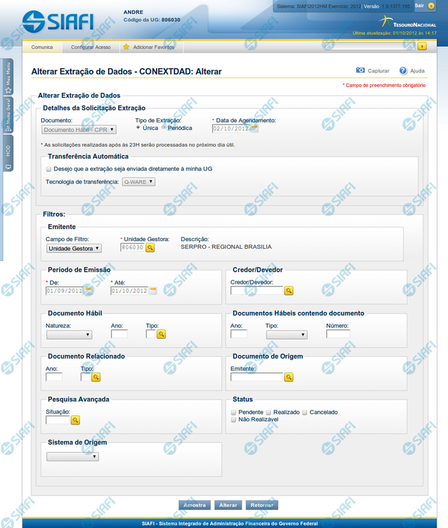 Alterar Solicitação de Extração de Dados