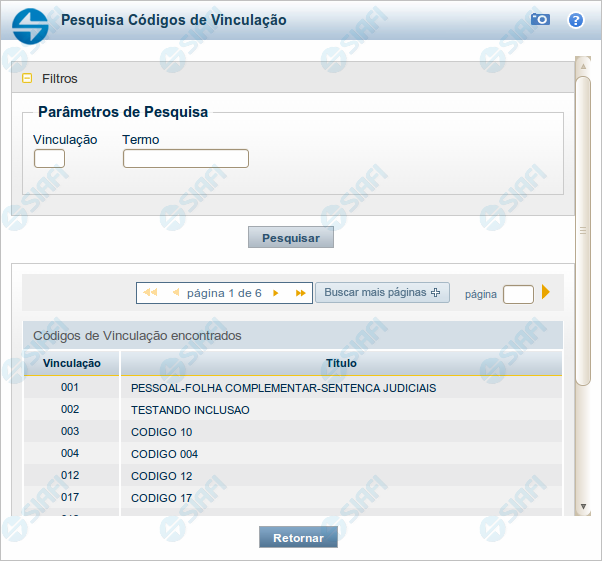 Pesquisa Códigos de Vinculação
