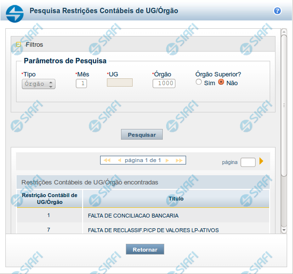 Pesquisa Restrições Contábeis de UG/Órgão