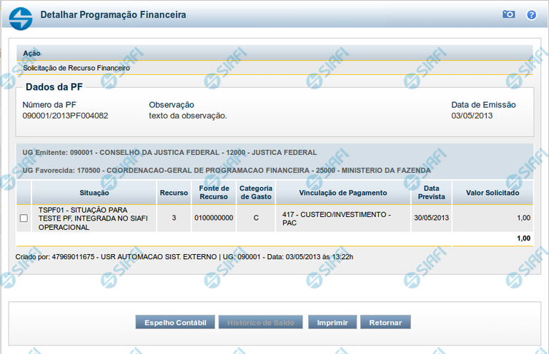 Detalhar Programação Financeira