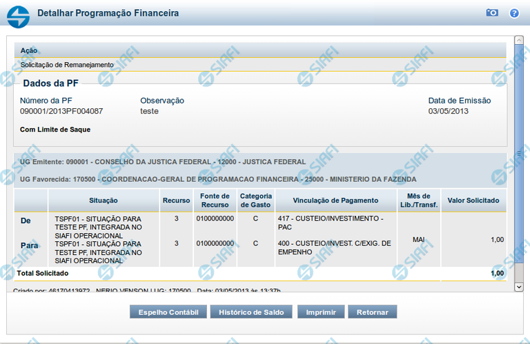 Detalhar Programação Financeira de Remanejamento