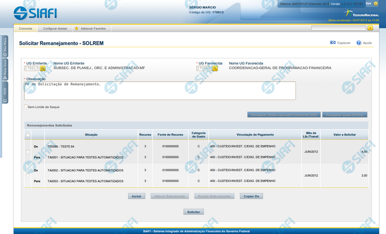 Solicitar Remanejamento - SOLREM