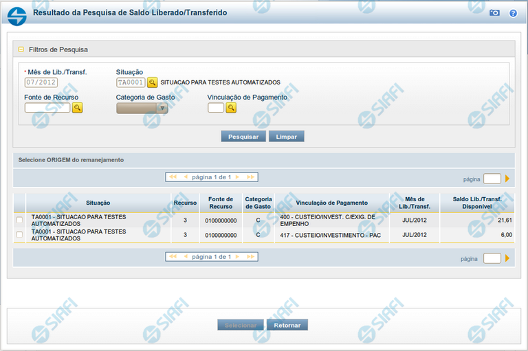 Resultado da Pesquisa de Saldo Liberado/Transferido